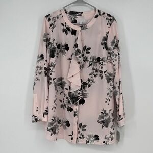 Charter Club Woman 1X Pink Floral Ruffle Front Long Sleeve Blouse NWT